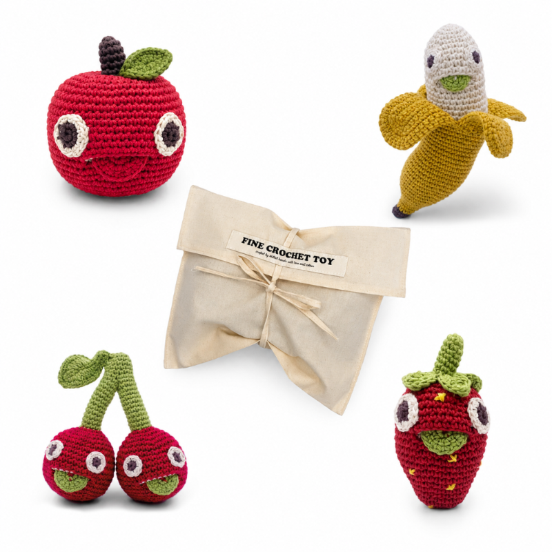 coffret cadeau de naissance hochet fruit en crochet pour bebe