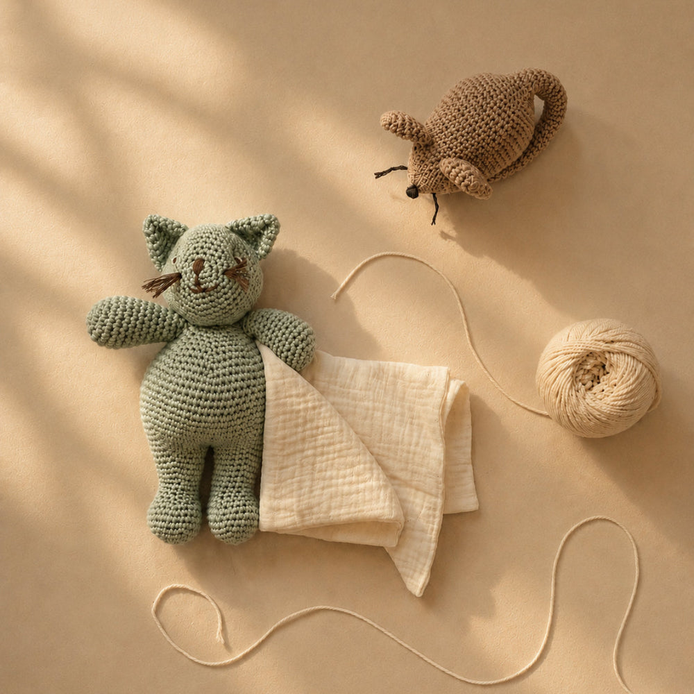 coffret cadeau pour bébé doudou chat et hochet souris en crochet en situation