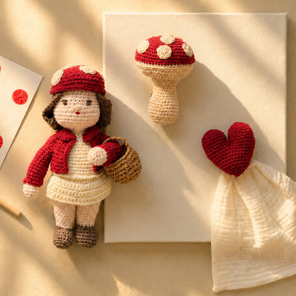 coffret cadeau poupée et champignon amanite et doudou coeur en situation