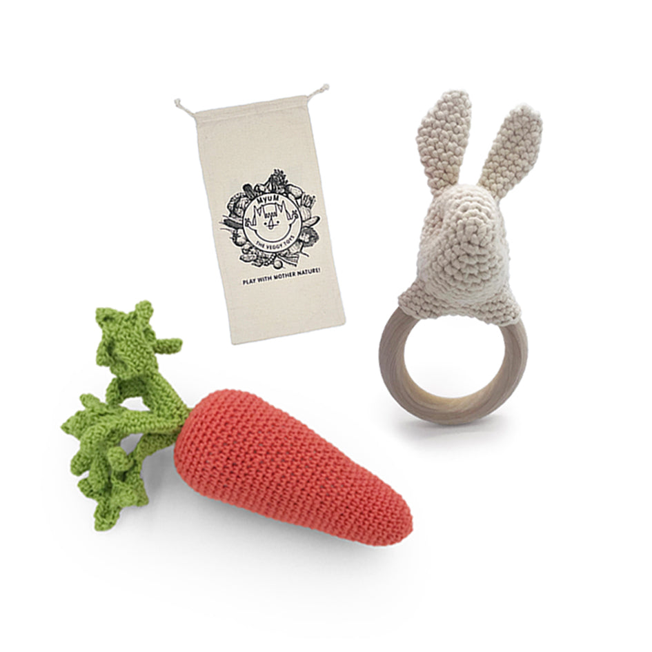 Coffret Lapinou & Hochet Carotte 🥕🐰 hochet et teether en crochet 100% coton bio