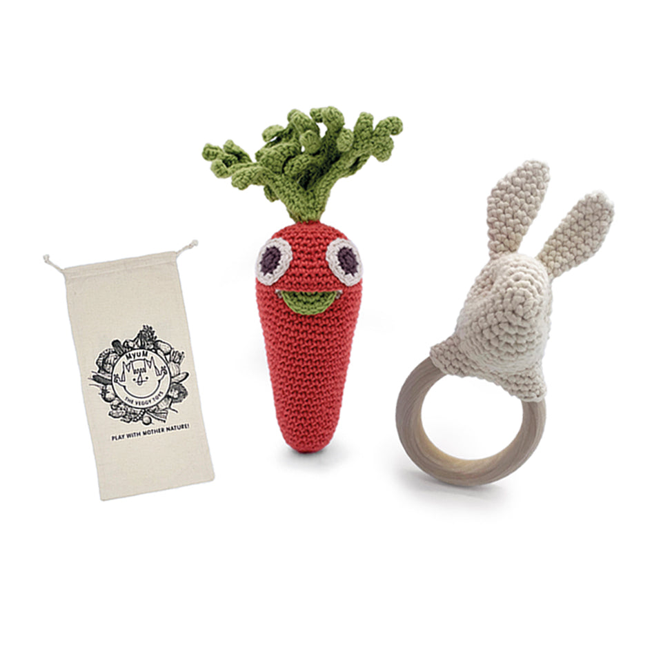Coffret Lapinou & Hochet Carotte 🥕👀🐰 hochet et teether en crochet 100% coton bio