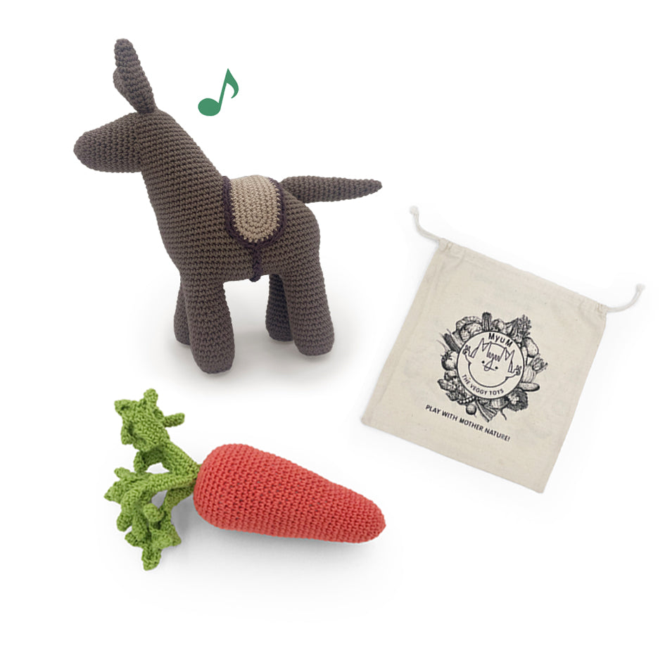 Coffret Donkey 🥕🫏 hochet et boite à musique en crochet 100% coton bio