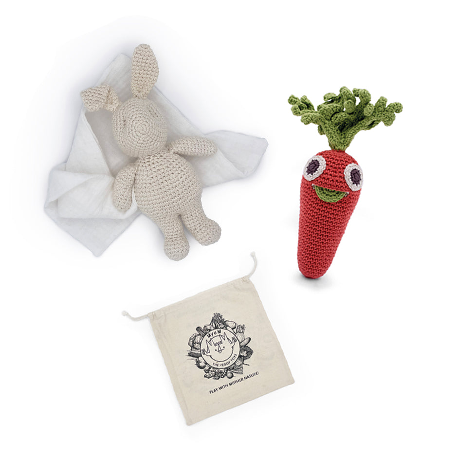 Coffret Doudou Lapinou & Hochet Carotte 🥕👀🐰 hochet et doudou en crochet 100% coton bio