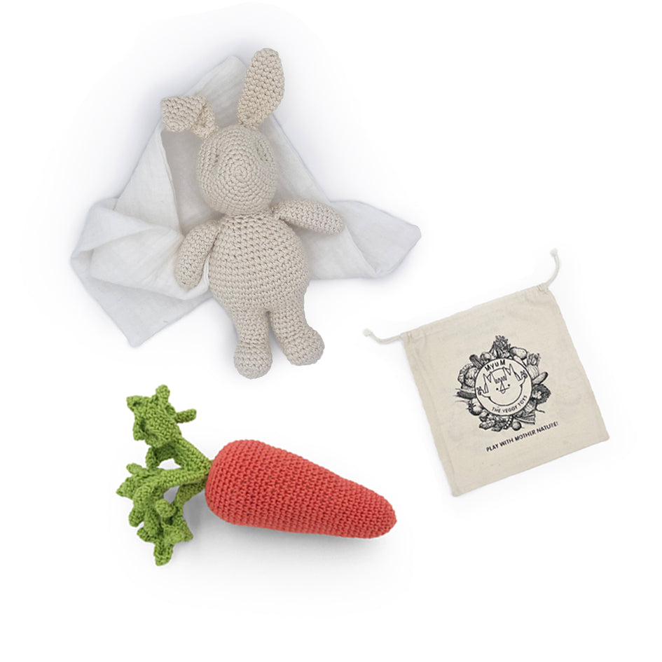 Coffret Doudou Lapinou & Hochet Carotte 🥕🐰 hochet et doudou en crochet 100% coton bio