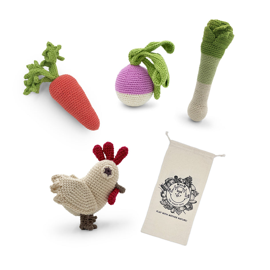 Coffret Poule-au-Pot sans les yeux 🐔🥕 hochets en crochet 100% coton bio