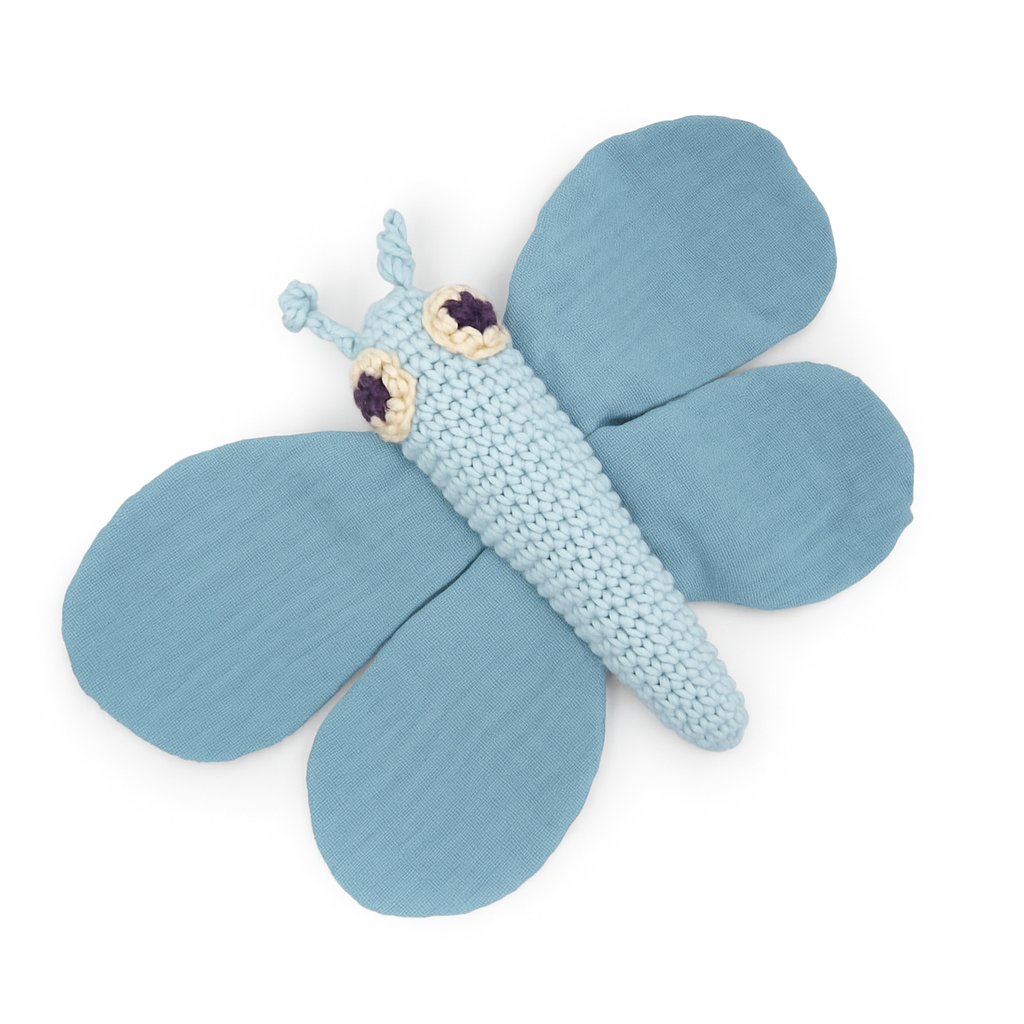Hochet Papillon Bleu en crochet 100% coton bio