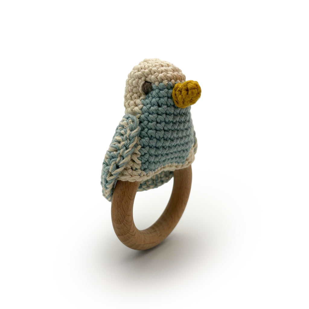 Teether Mésange Bleue en crochet 100% coton bio