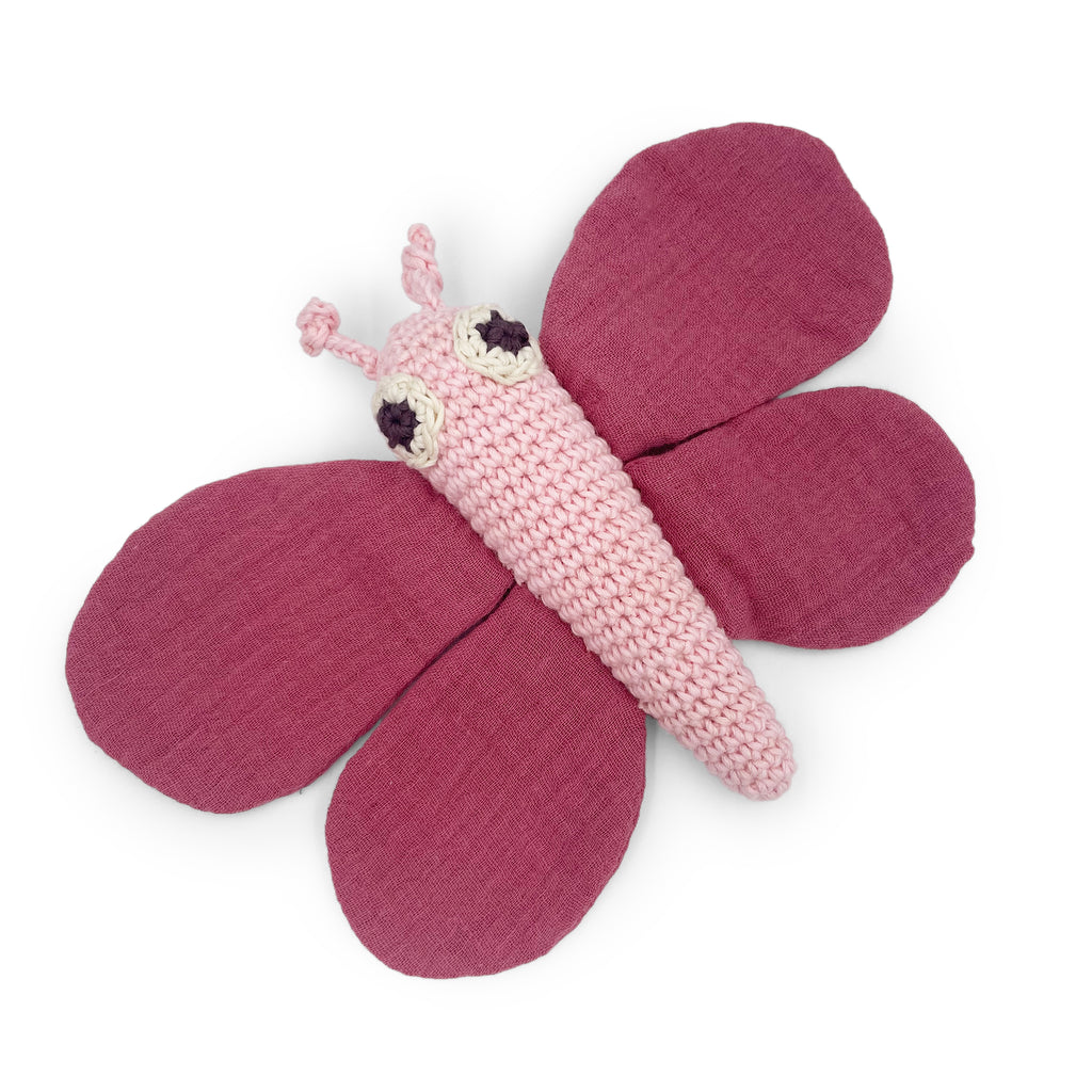 hochet pour bébé en crochet papillon rose