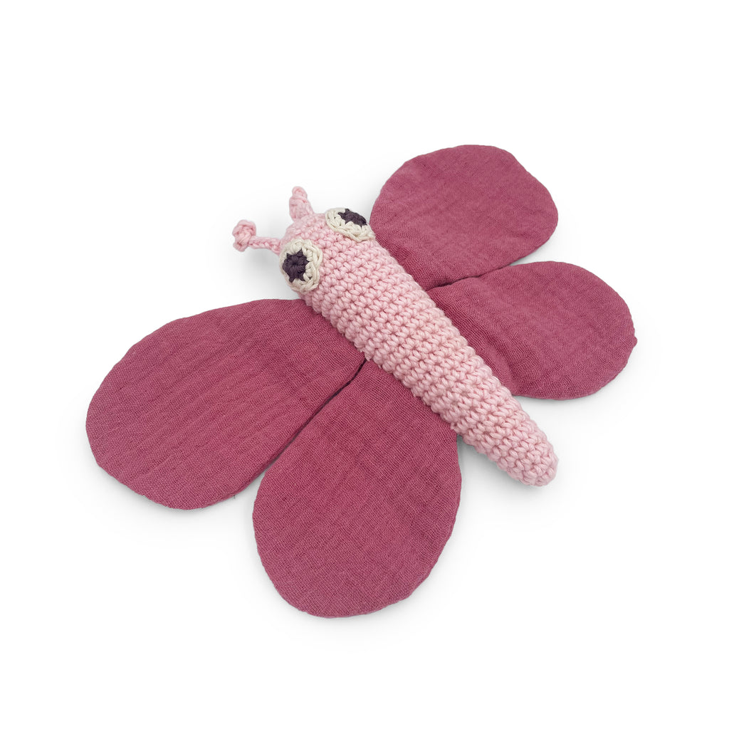 hochet pour bébé en crochet papillon rose