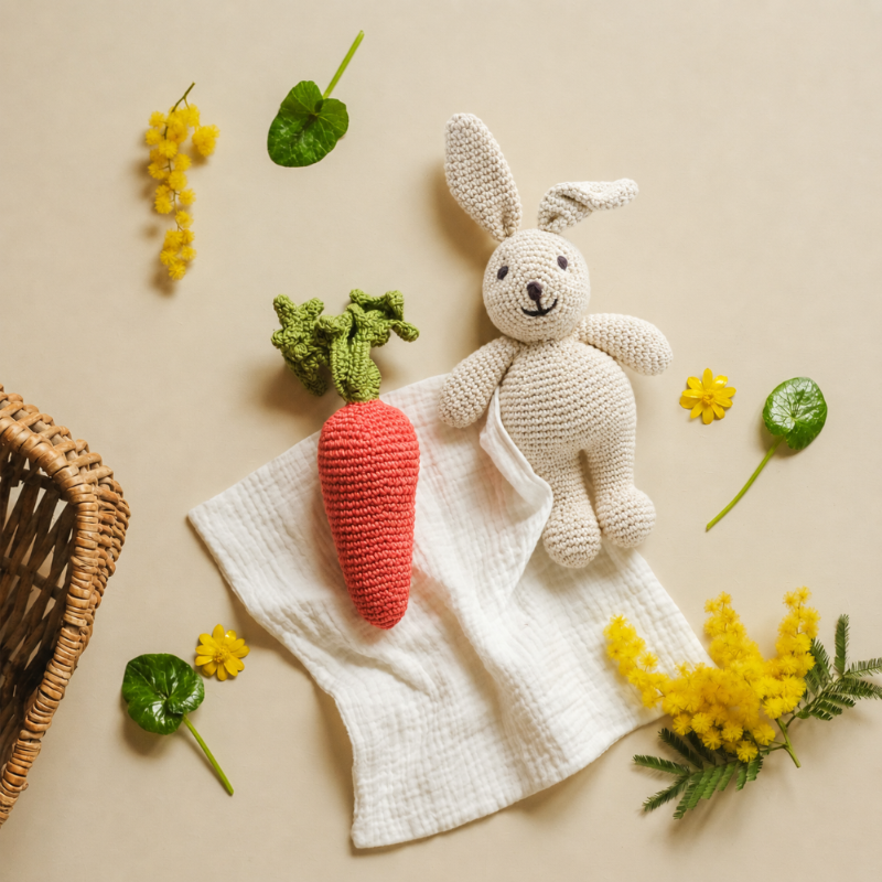 Coffret cadeau de jouets bébé en crochet de coton bio MYUM lapin et carotte en crochet - MYUM
