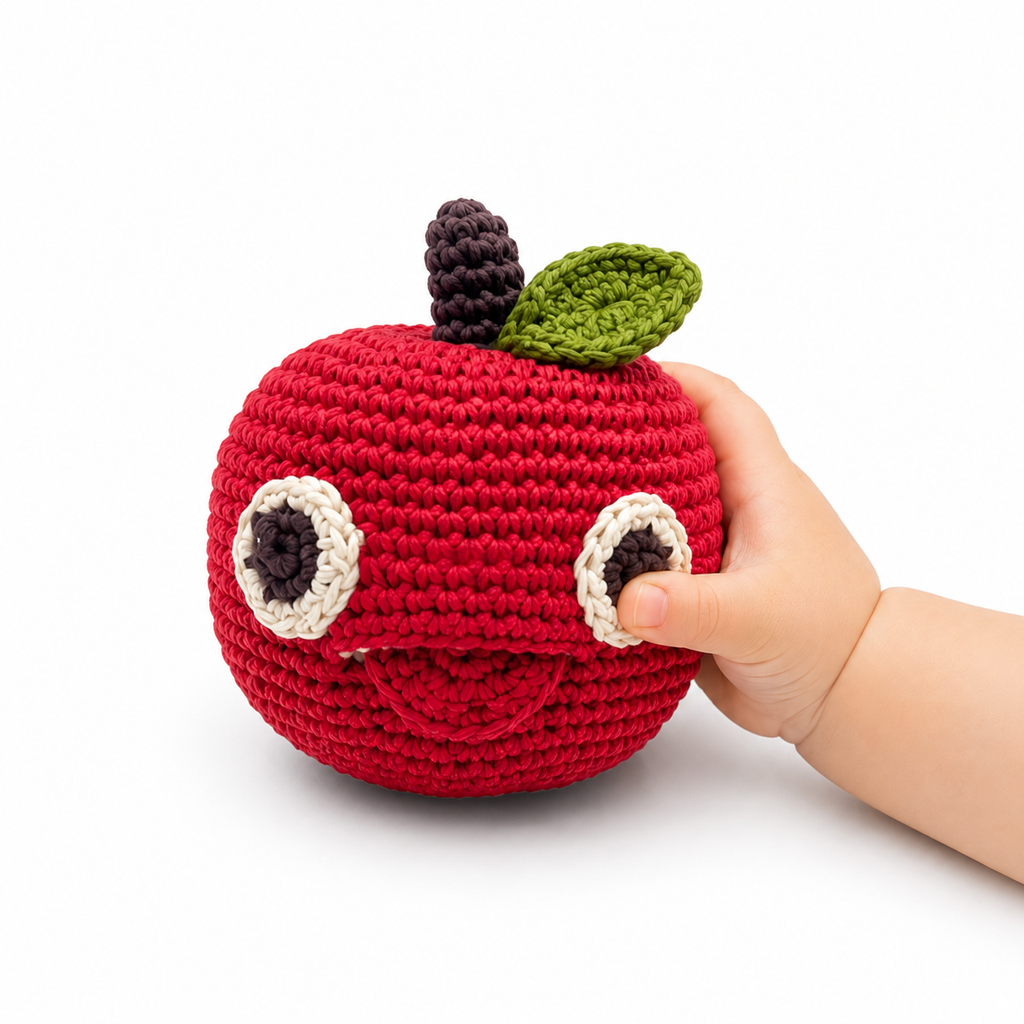 jouet crochet hochet  dans la main de bébé pomme