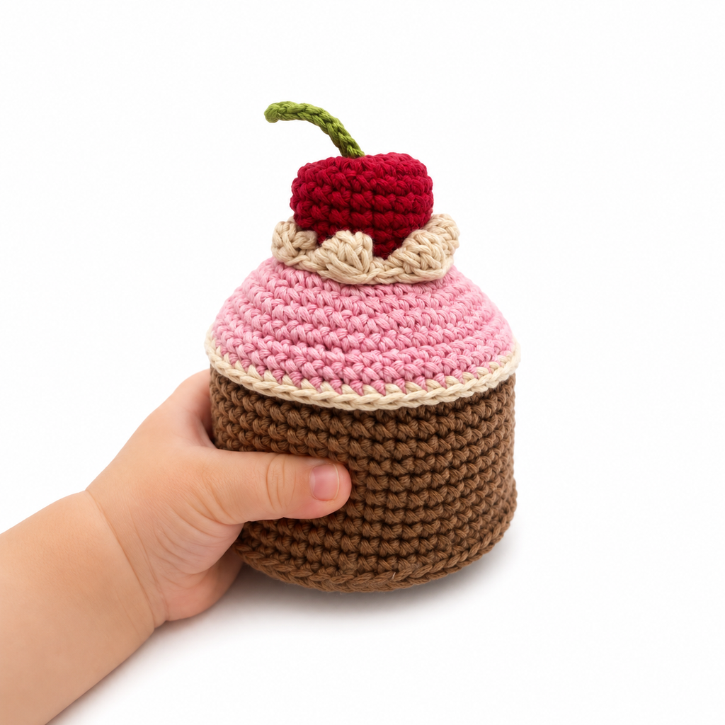 jouet crochet hochet dans main de bébé gateau cup cake