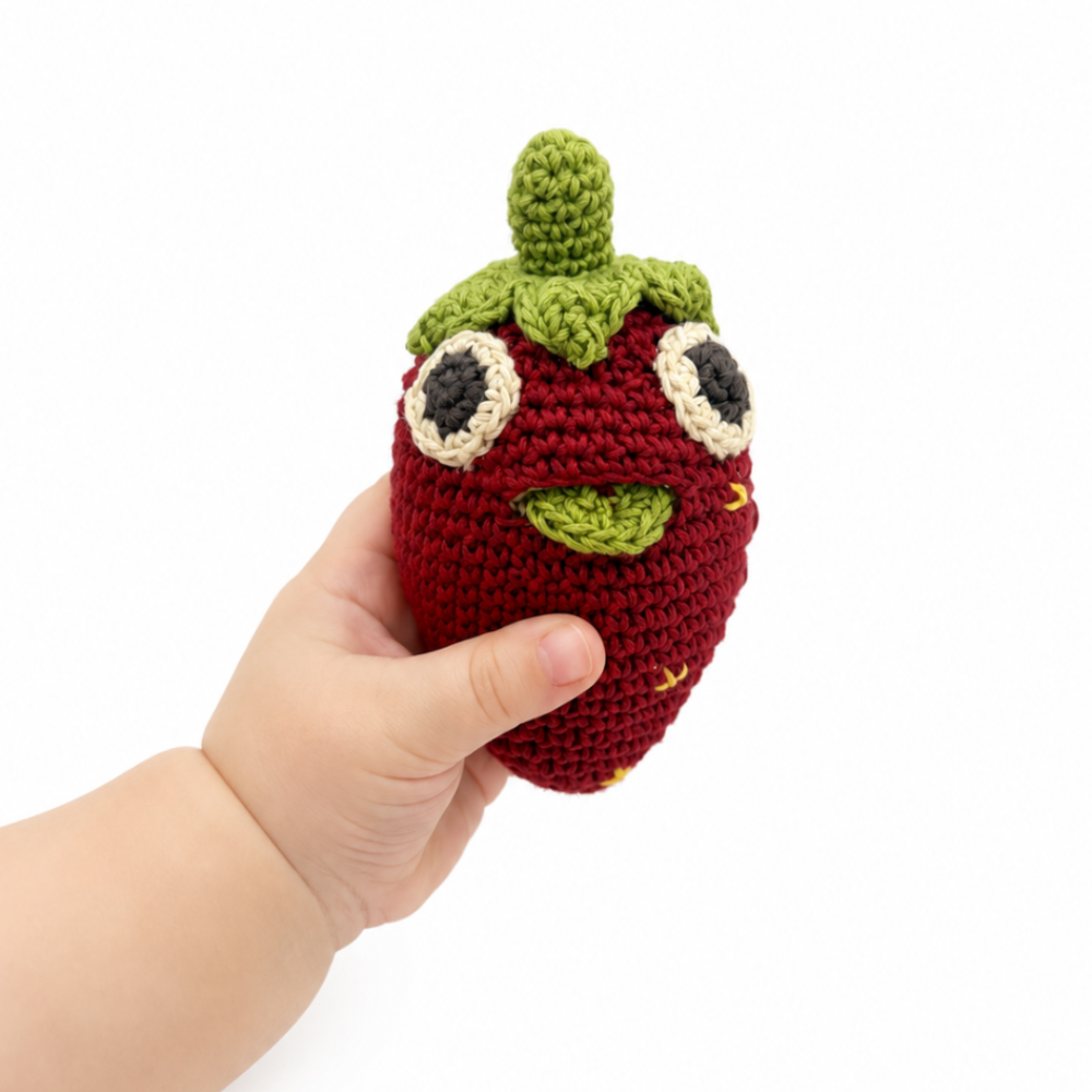 myum-crochet-toy-baby-organic-plush-rattle-strawberry-hand-made
