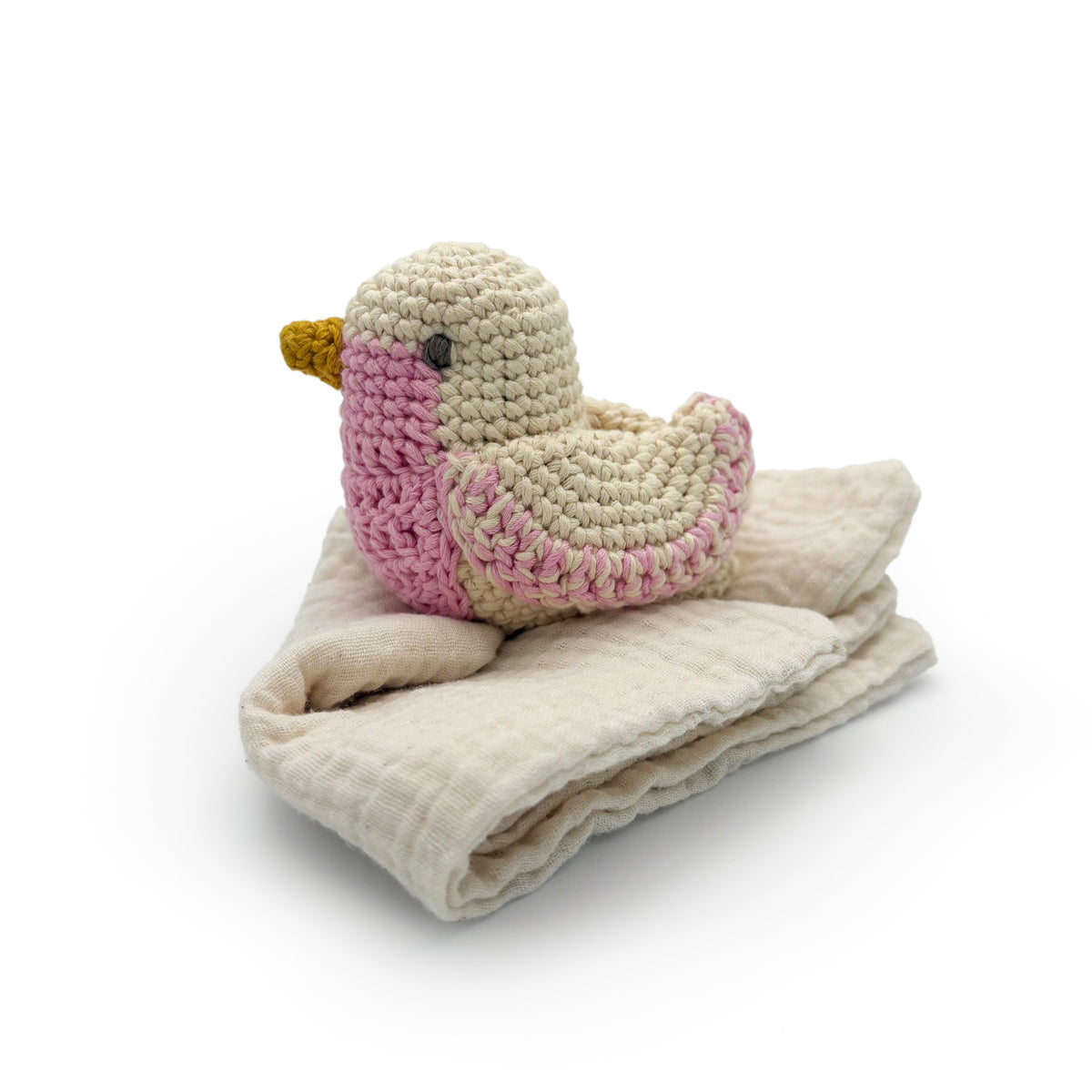 Doudou Mésange Rose en crochet 100% coton bio