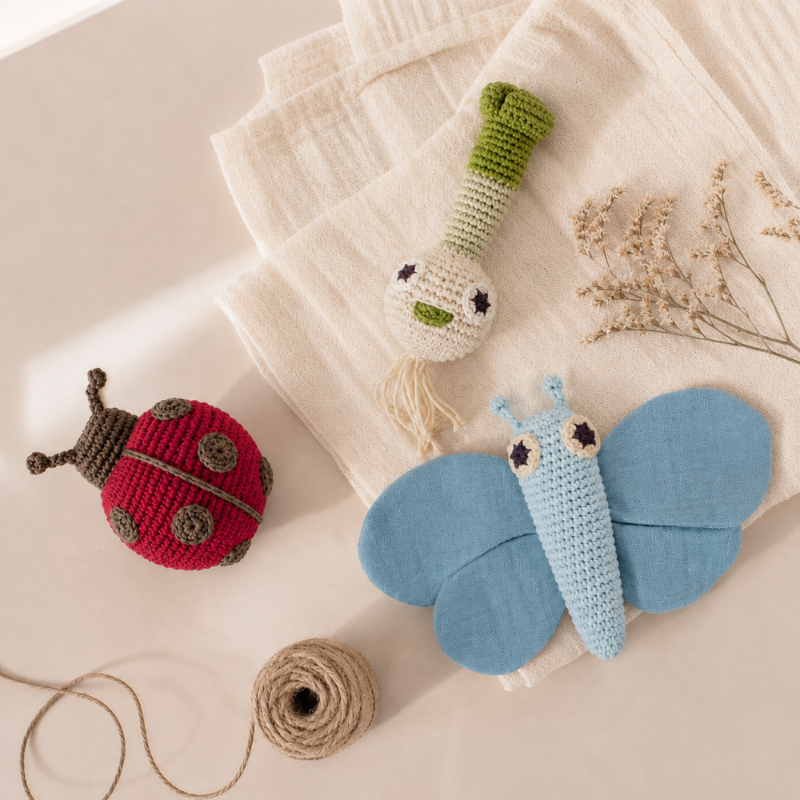 coffret cadeau de jouets bébé garçon en crochet de coton bio MYUM jouet à tirer coccinelle, doudou papillon bleu, hochet oignon