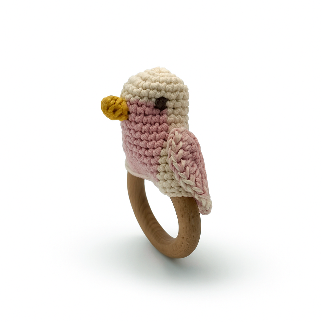 Teether Mésange Rose en crochet 100% coton bio